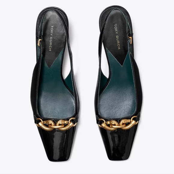 Tory Burch Black and Gold Patten Leather Flats with Chain Detail size 8 - Picture 1 of 9